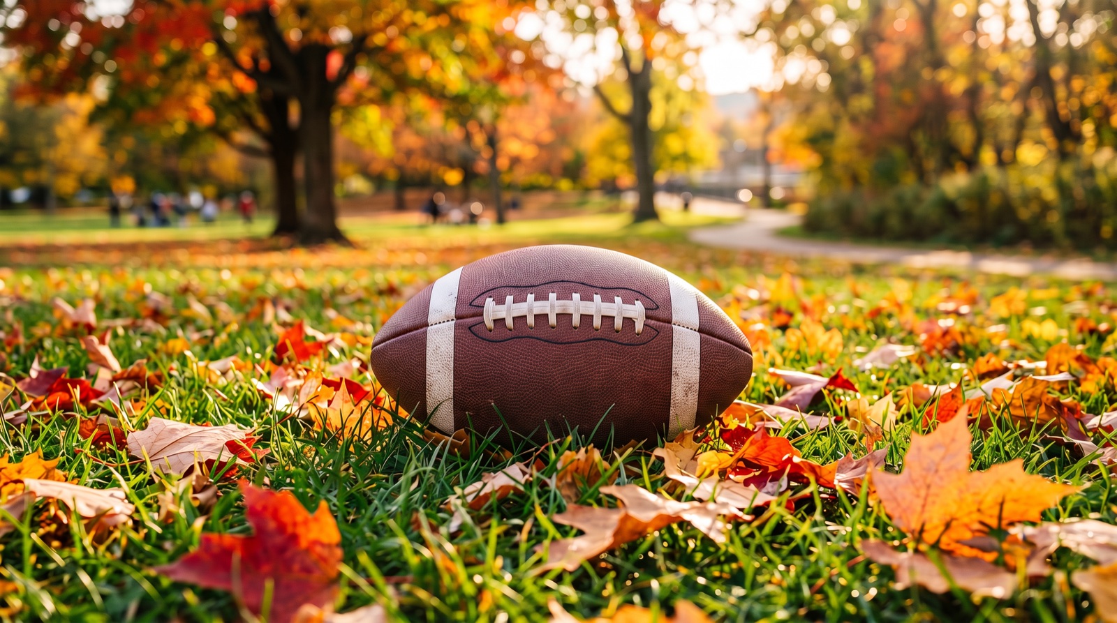 Football resting on autumn leaves